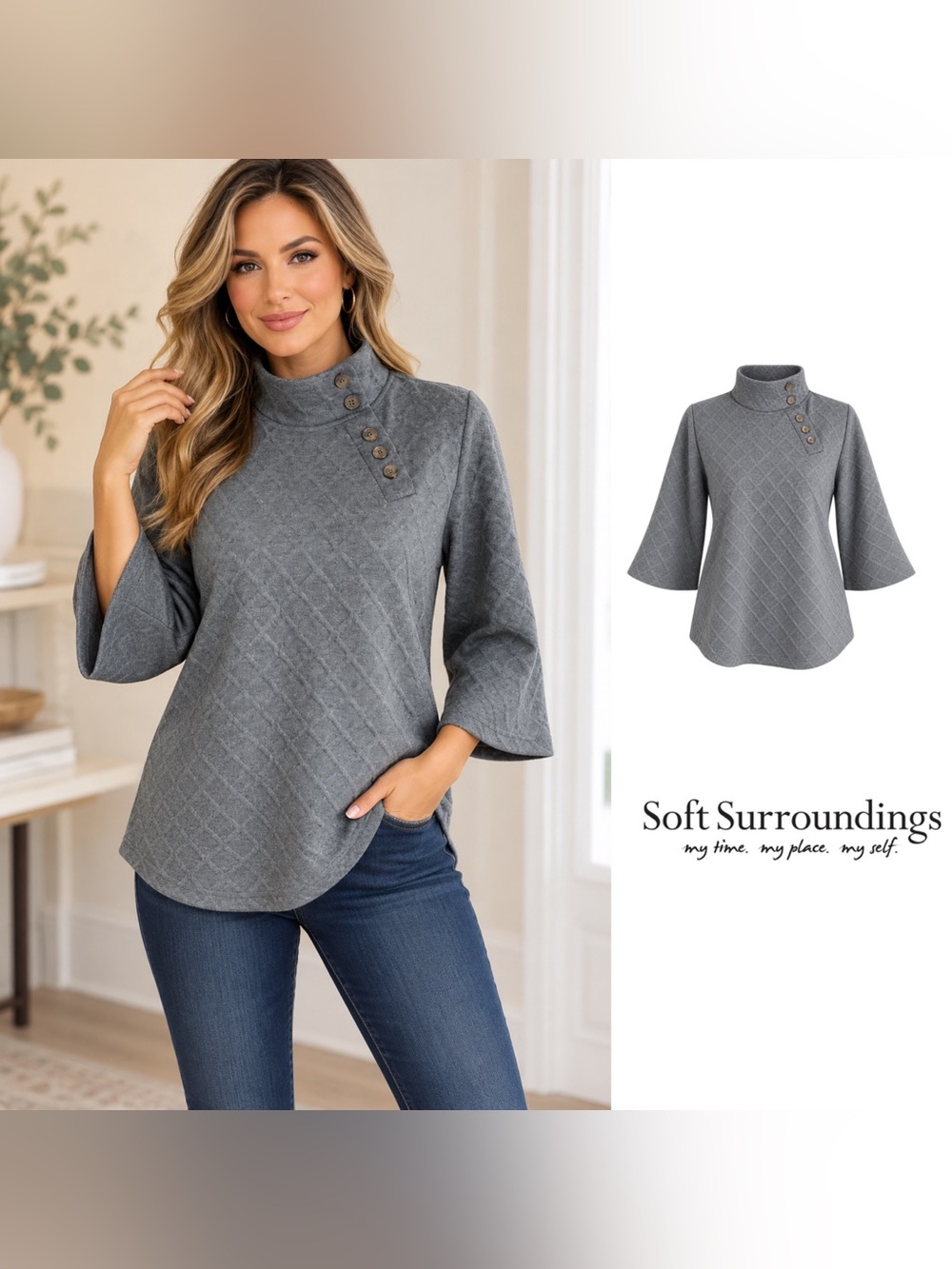 NEW Soft Surrounding Gray Button Cable Knit Tunic